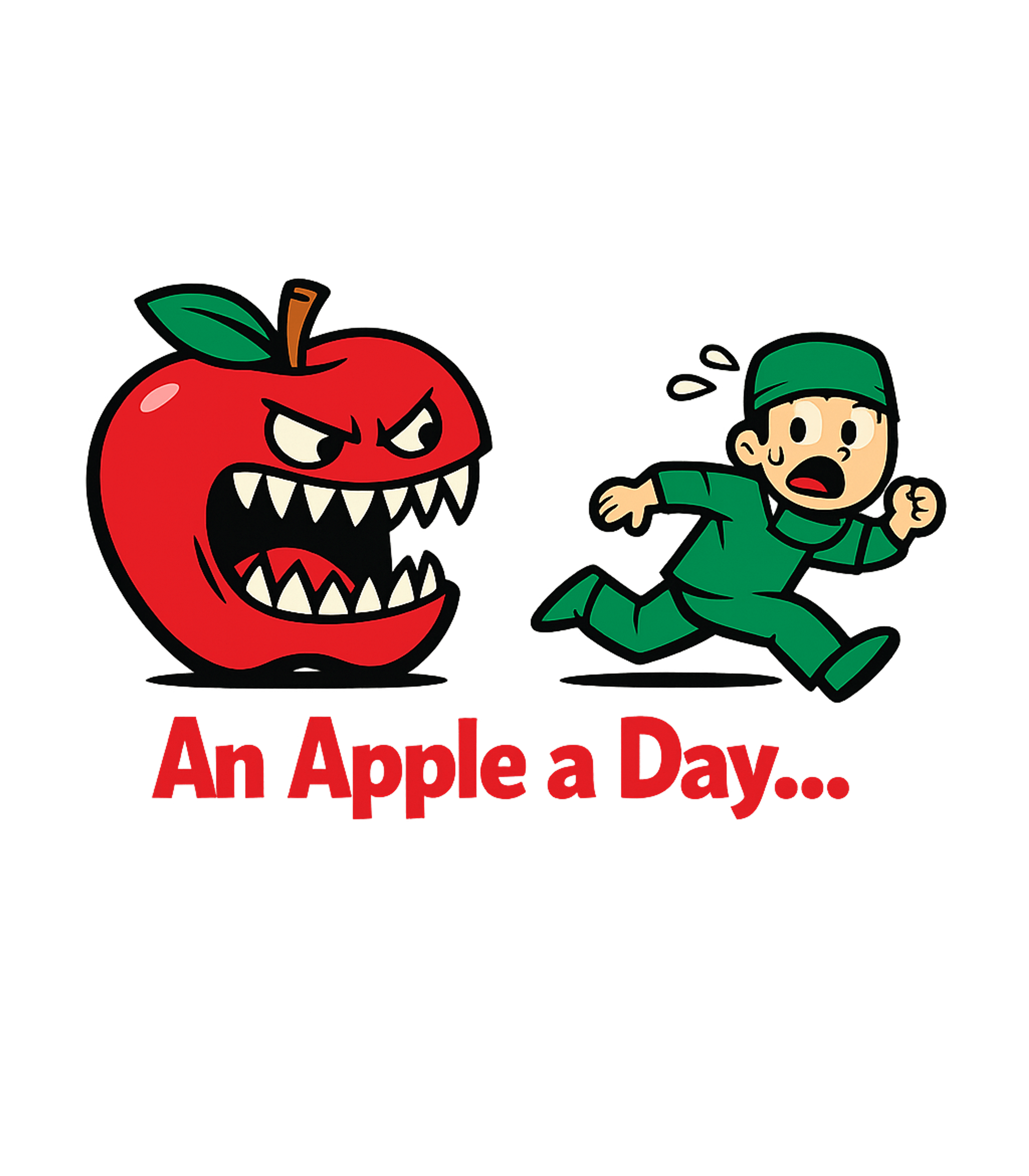 An Apple A Day Work / Office Humor Crewneck Sweatshirt featuring This humorous t-shirt features an evil, fanged apple chasing – designed by Geoff Brown @ SunFrog An Apple A Day Work / Office Humor Crewneck Sweatshirt featuring This humorous t-shirt features an evil, fanged apple chasing – designed by Geoff Brown @ SunFrog