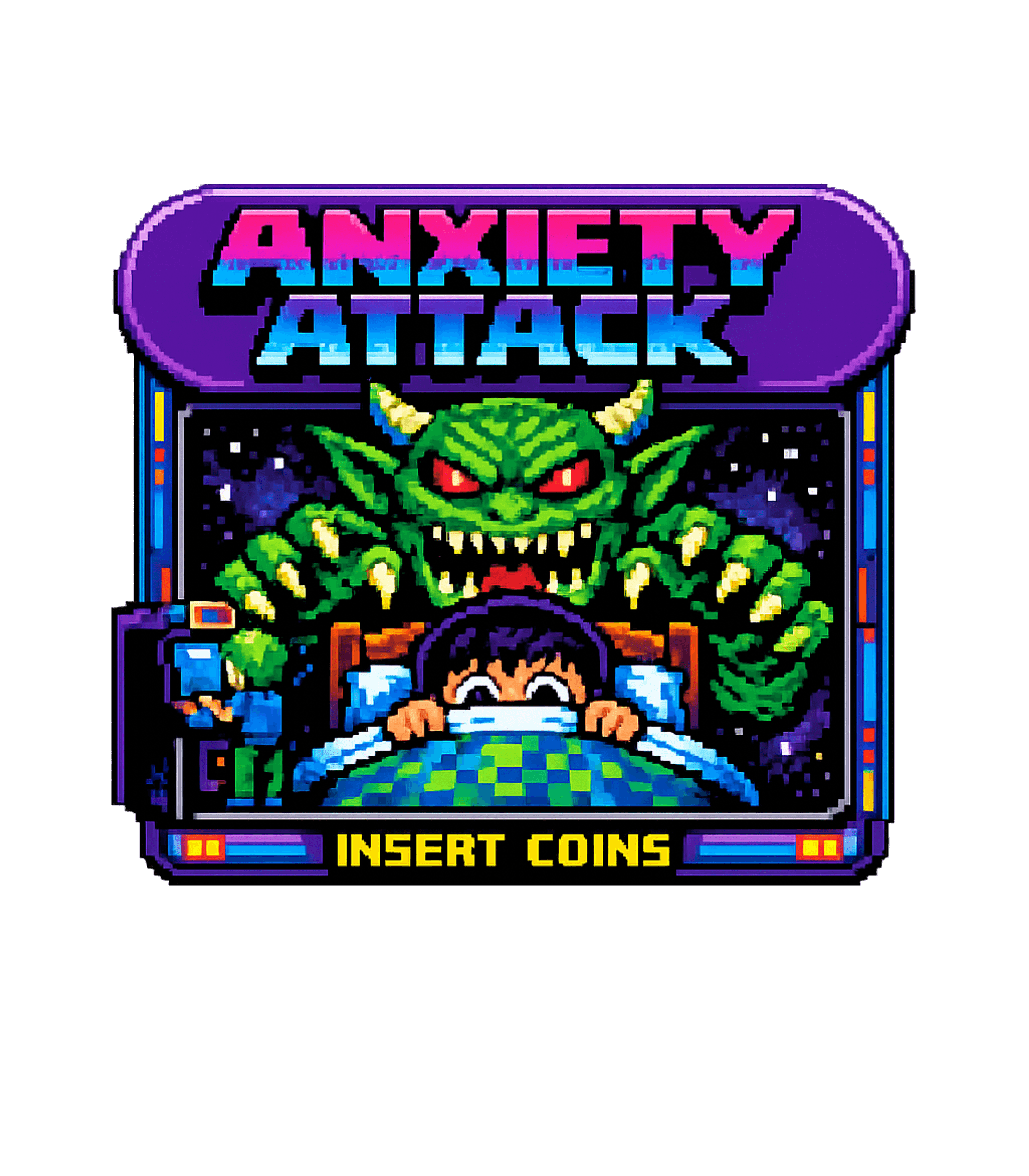 Anxiety Attack Arcade Gaming Premium T-Shirt featuring This retro arcade-style artwork cleverly visualizes the feel – designed by Geoff Brown @ SunFrog Anxiety Attack Arcade Gaming Premium T-Shirt featuring This retro arcade-style artwork cleverly visualizes the feel – designed by Geoff Brown @ SunFrog