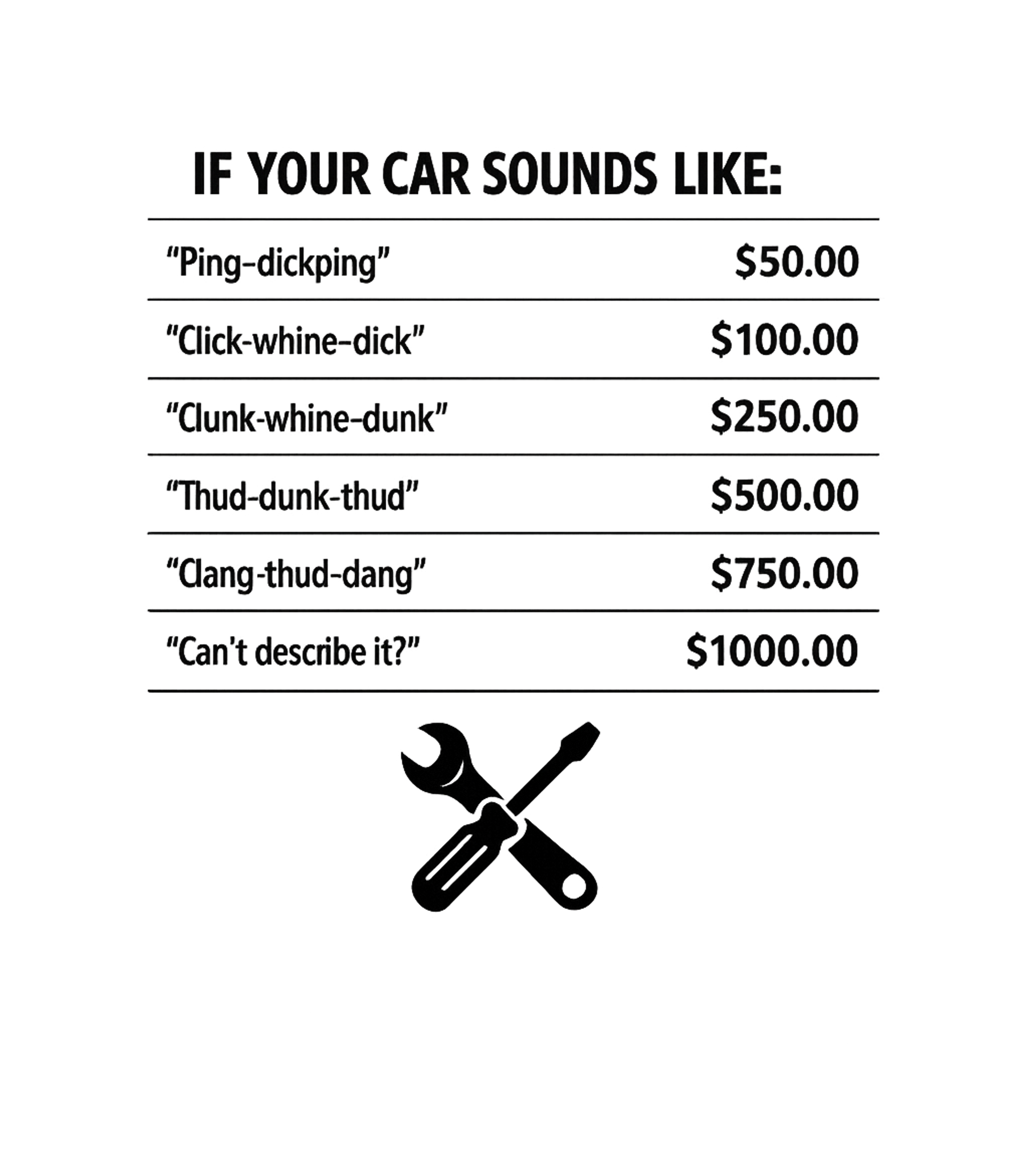 Car Noises Price List Sarcasm Crewneck Sweatshirt featuring A humorous graphic depicting an escalating price list for ca – designed by Geoff Brown @ SunFrog Car Noises Price List Sarcasm Crewneck Sweatshirt featuring A humorous graphic depicting an escalating price list for ca – designed by Geoff Brown @ SunFrog