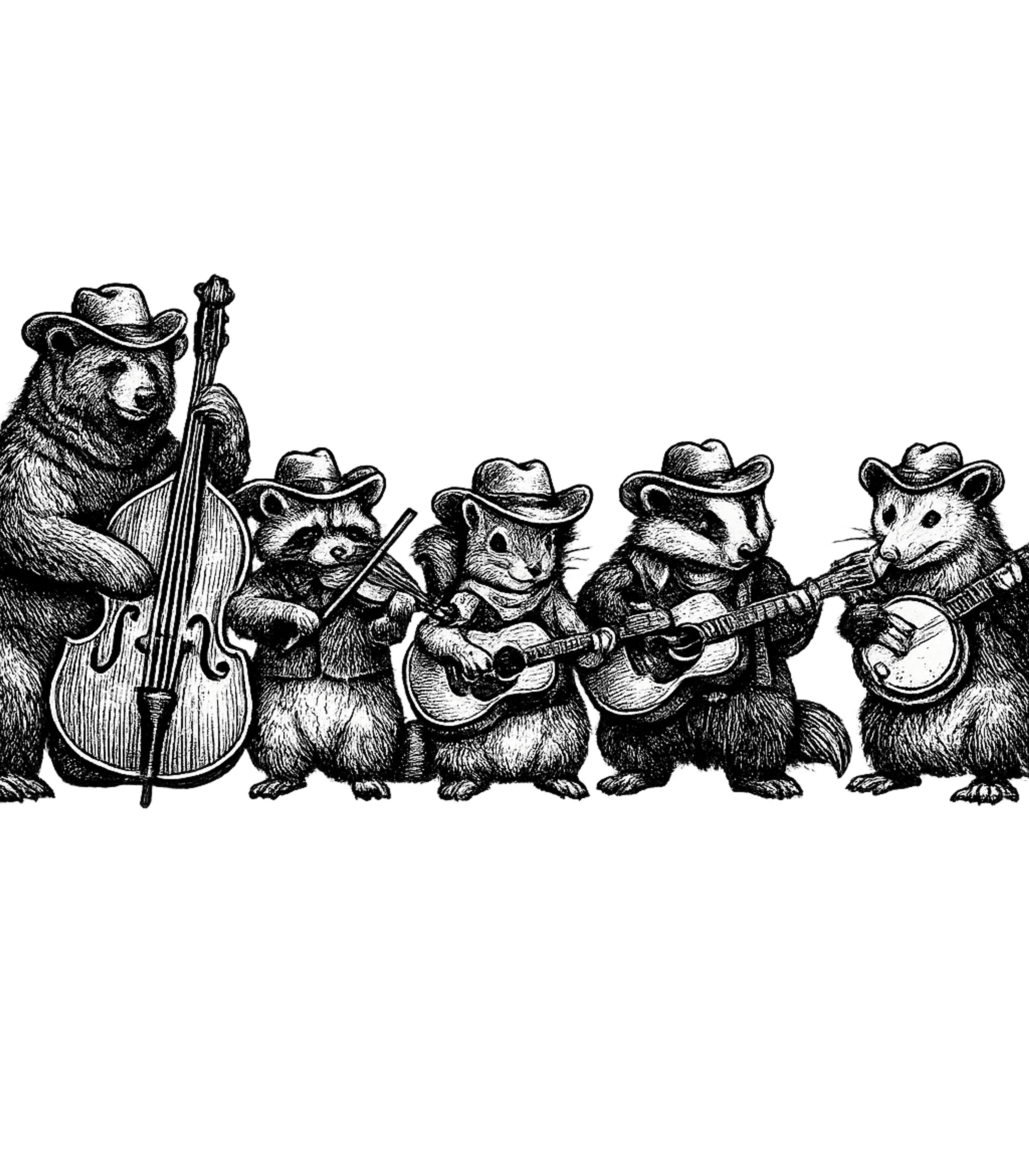 Critter Bluegrass Band Music Crewneck Sweatshirt featuring This whimsical black and white illustration showcases a band – designed by Geoff Brown @ SunFrog Critter Bluegrass Band Music Crewneck Sweatshirt featuring This whimsical black and white illustration showcases a band – designed by Geoff Brown @ SunFrog