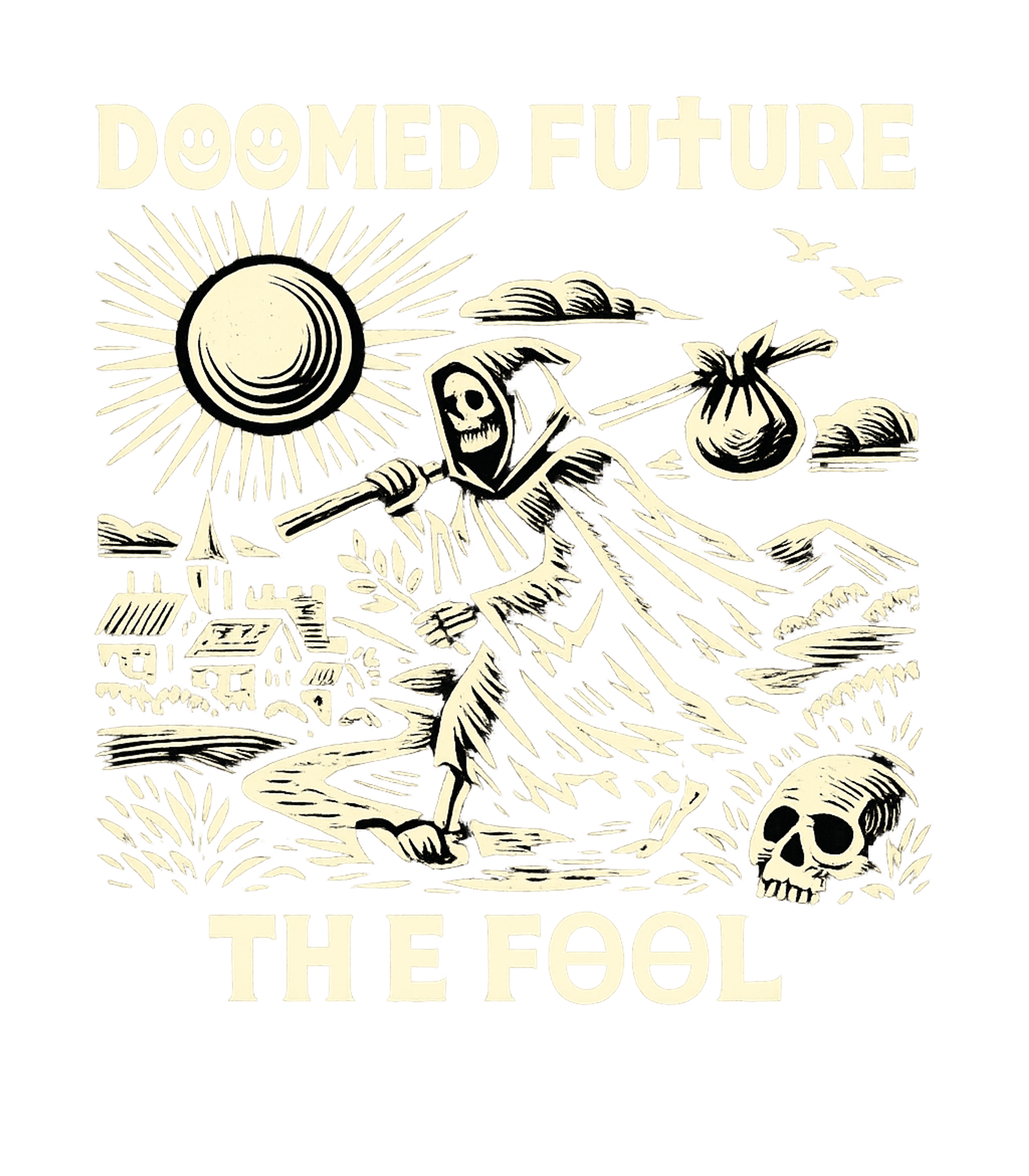 Doomed Future Fool Sarcasm Premium T-Shirt featuring This bold, woodcut-style design features the Grim Reaper as – designed by Geoff Brown @ SunFrog Doomed Future Fool Sarcasm Premium T-Shirt featuring This bold, woodcut-style design features the Grim Reaper as – designed by Geoff Brown @ SunFrog