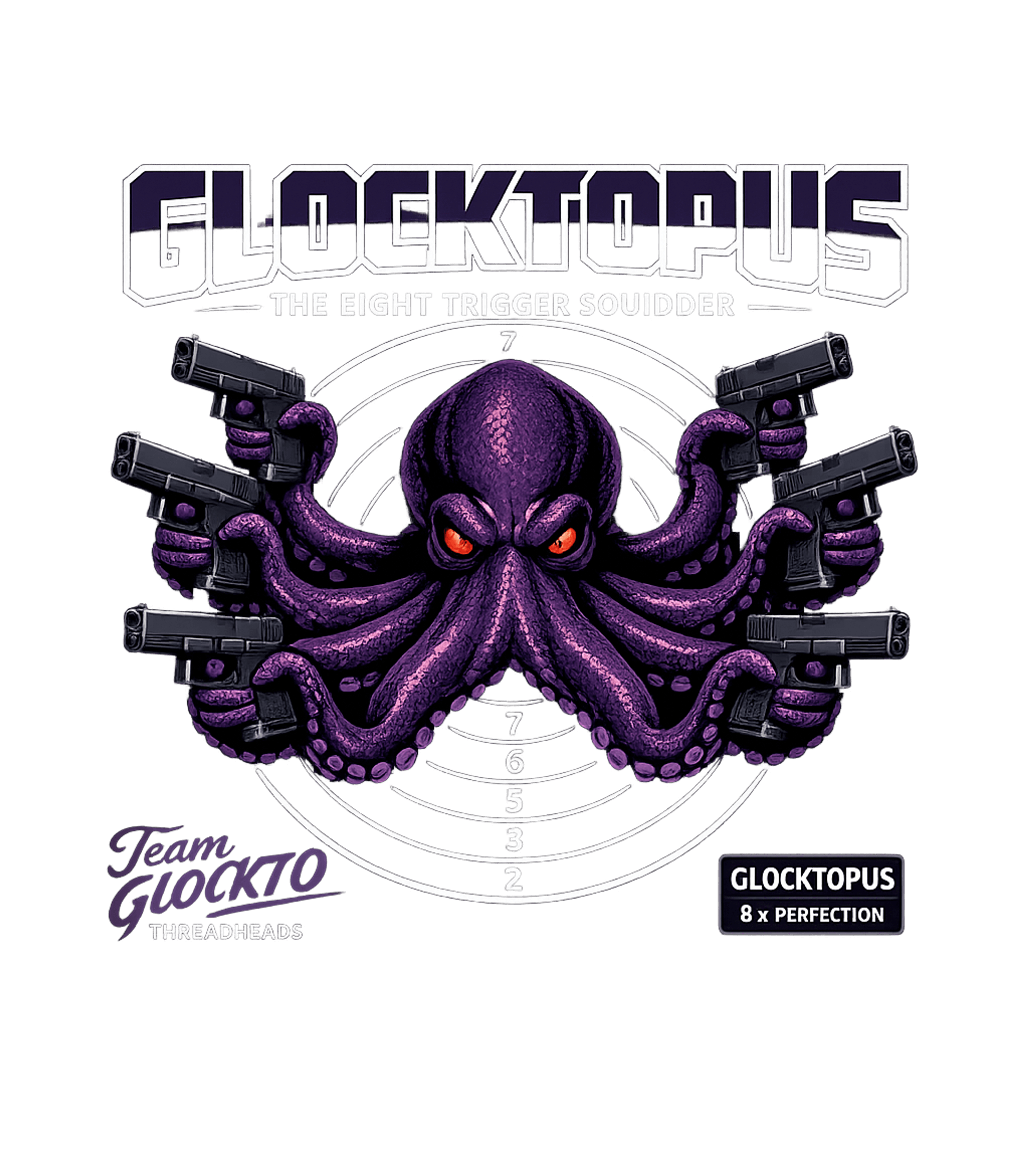 Eight Trigger Squidder Hunting Premium T-Shirt featuring This graphic features a menacing purple "Glocktopus" wieldin – designed by Geoff Brown @ SunFrog Eight Trigger Squidder Hunting Premium T-Shirt featuring This graphic features a menacing purple "Glocktopus" wieldin – designed by Geoff Brown @ SunFrog