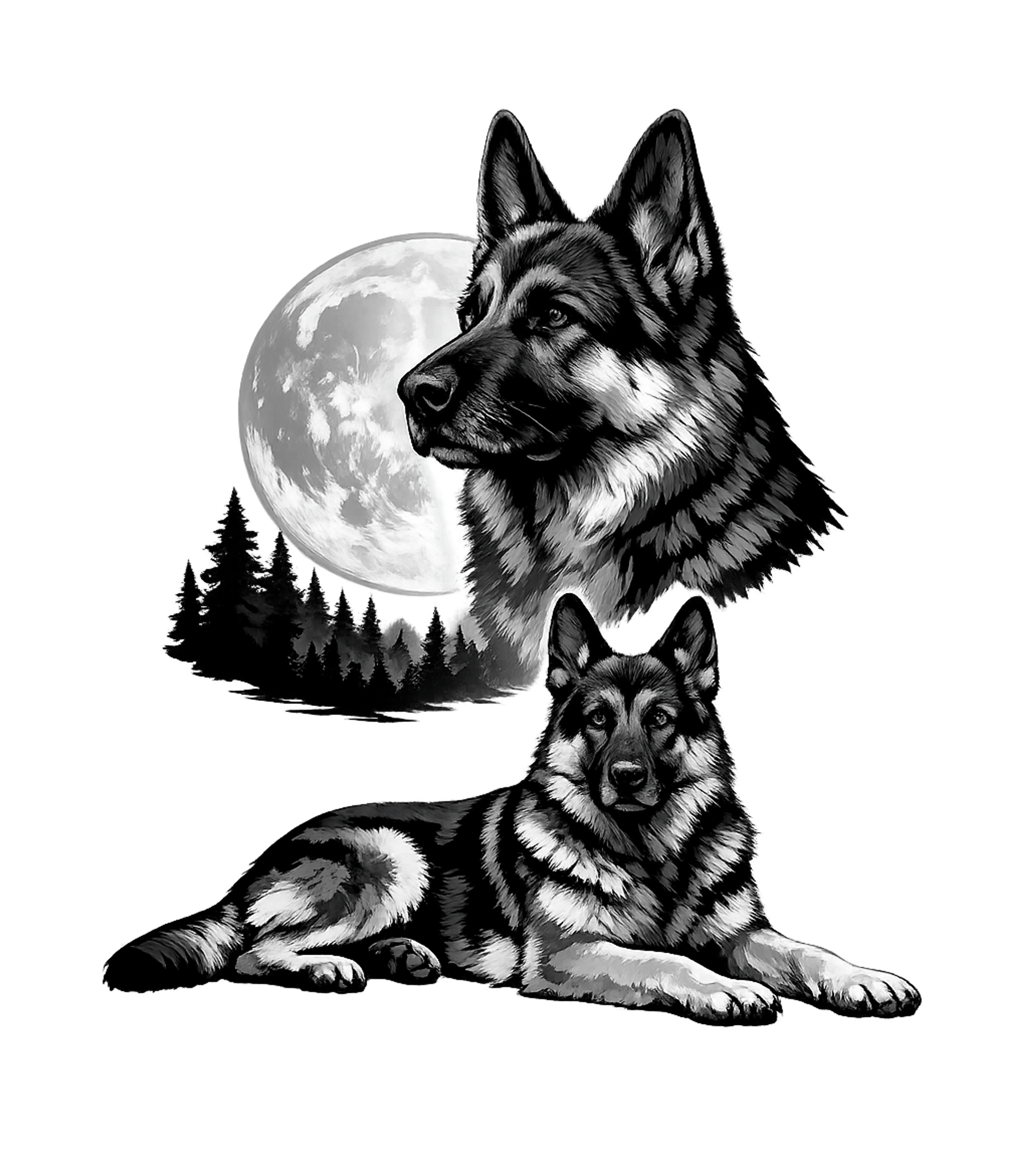 German Shepherd Moon Dogs Hooded Sweatshirt featuring This striking black and white illustration features two maje – designed by Geoff Brown @ SunFrog German Shepherd Moon Dogs Hooded Sweatshirt featuring This striking black and white illustration features two maje – designed by Geoff Brown @ SunFrog