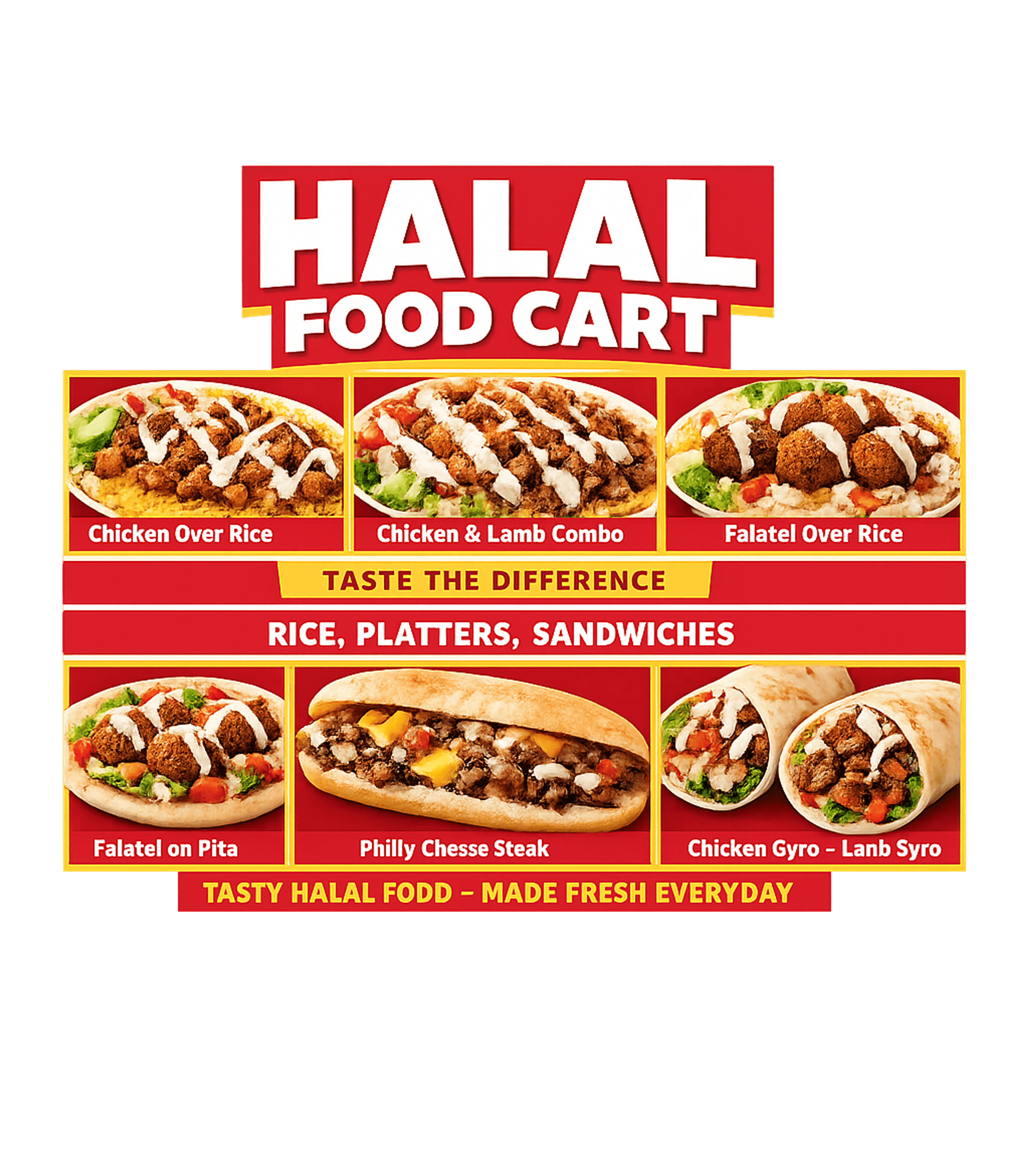 Halal Food Cart Menu Cooking / BBQ Crewneck Sweatshirt featuring Displaying a vibrant menu for a Halal food cart, this design – designed by Geoff Brown @ SunFrog Halal Food Cart Menu Cooking / BBQ Crewneck Sweatshirt featuring Displaying a vibrant menu for a Halal food cart, this design – designed by Geoff Brown @ SunFrog