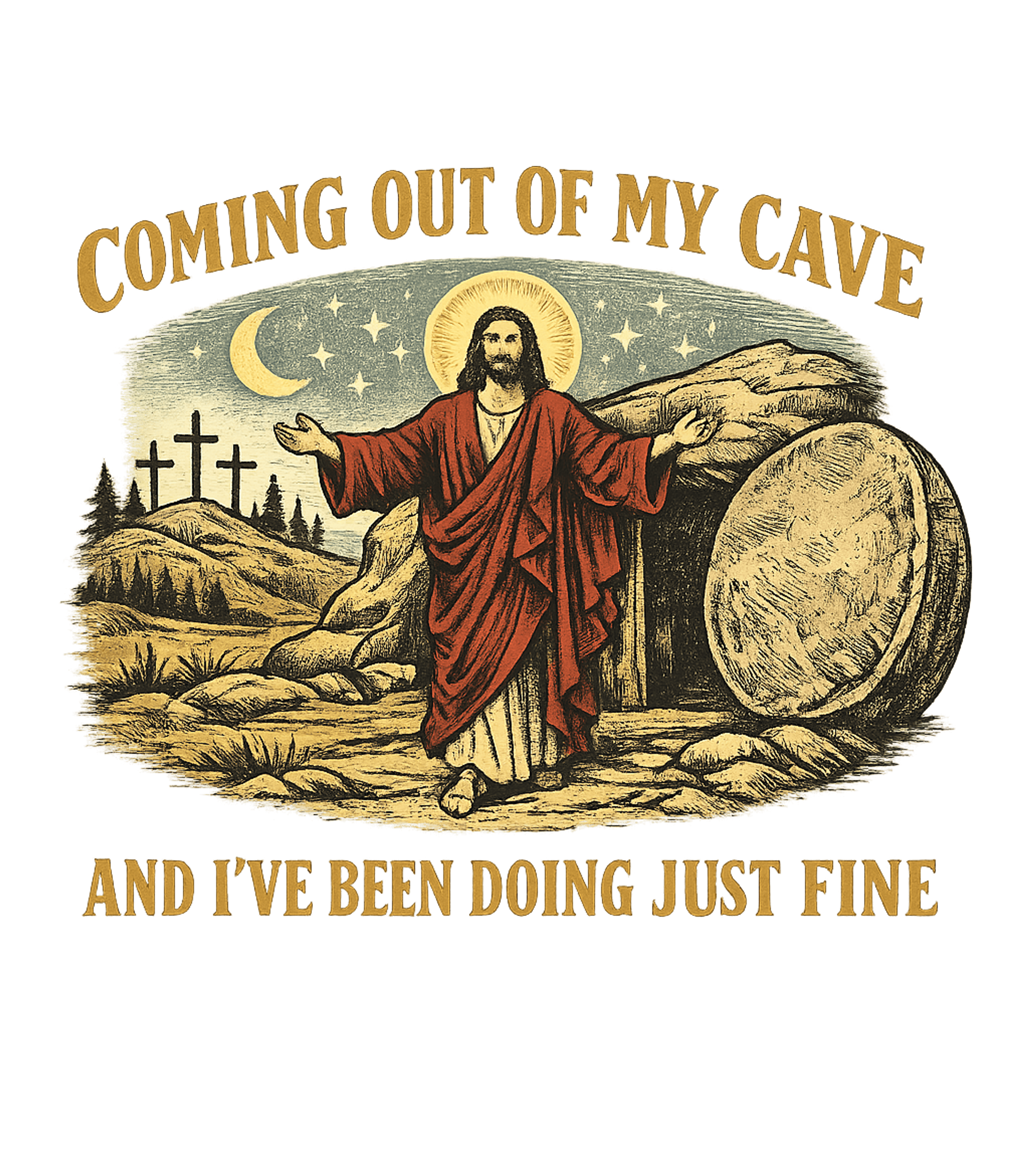 Jesus Out of Cave Church Humor Premium T-Shirt featuring This unique graphic tee features Jesus emerging from his tom – designed by Geoff Brown @ SunFrog Jesus Out of Cave Church Humor Premium T-Shirt featuring This unique graphic tee features Jesus emerging from his tom – designed by Geoff Brown @ SunFrog