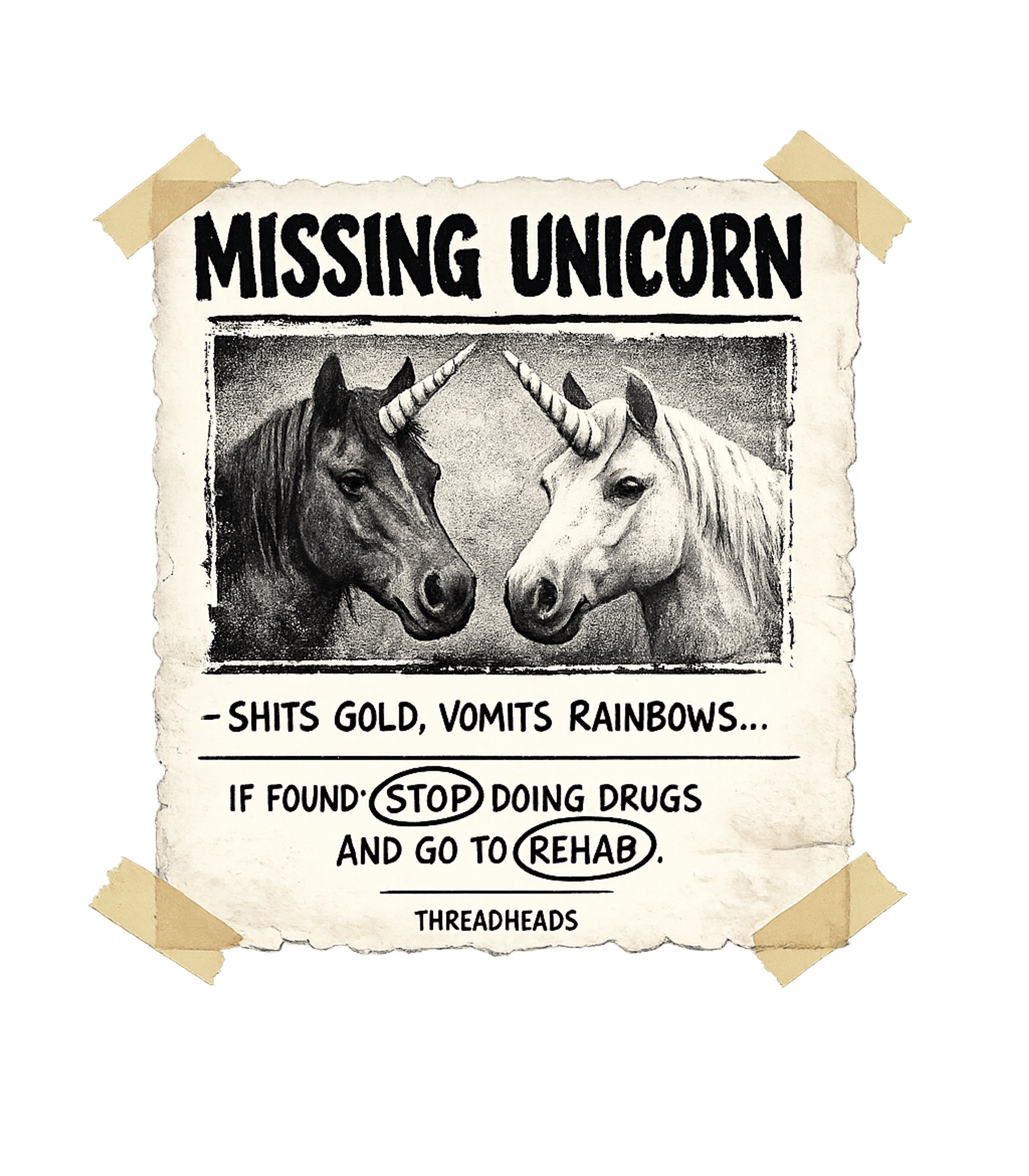 Missing Unicorn Rehab Sarcasm Premium T-Shirt featuring This vintage-style missing poster humorously warns about the – designed by Geoff Brown @ SunFrog Missing Unicorn Rehab Sarcasm Premium T-Shirt featuring This vintage-style missing poster humorously warns about the – designed by Geoff Brown @ SunFrog