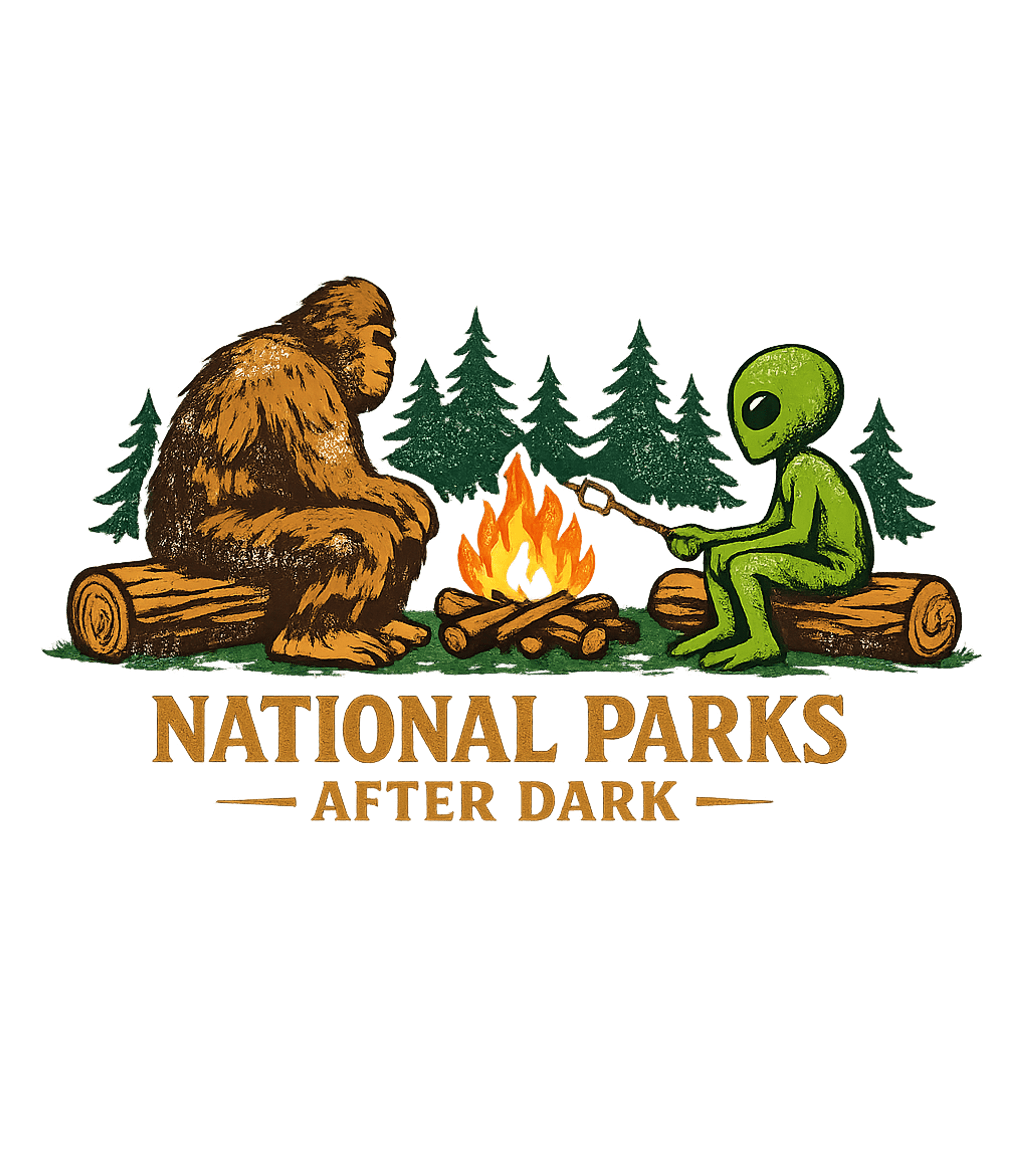 National Parks After Dark Camping Sticker featuring This unique graphic tee features Bigfoot and an alien enjoyi – designed by Geoff Brown @ SunFrog National Parks After Dark Camping Sticker featuring This unique graphic tee features Bigfoot and an alien enjoyi – designed by Geoff Brown @ SunFrog