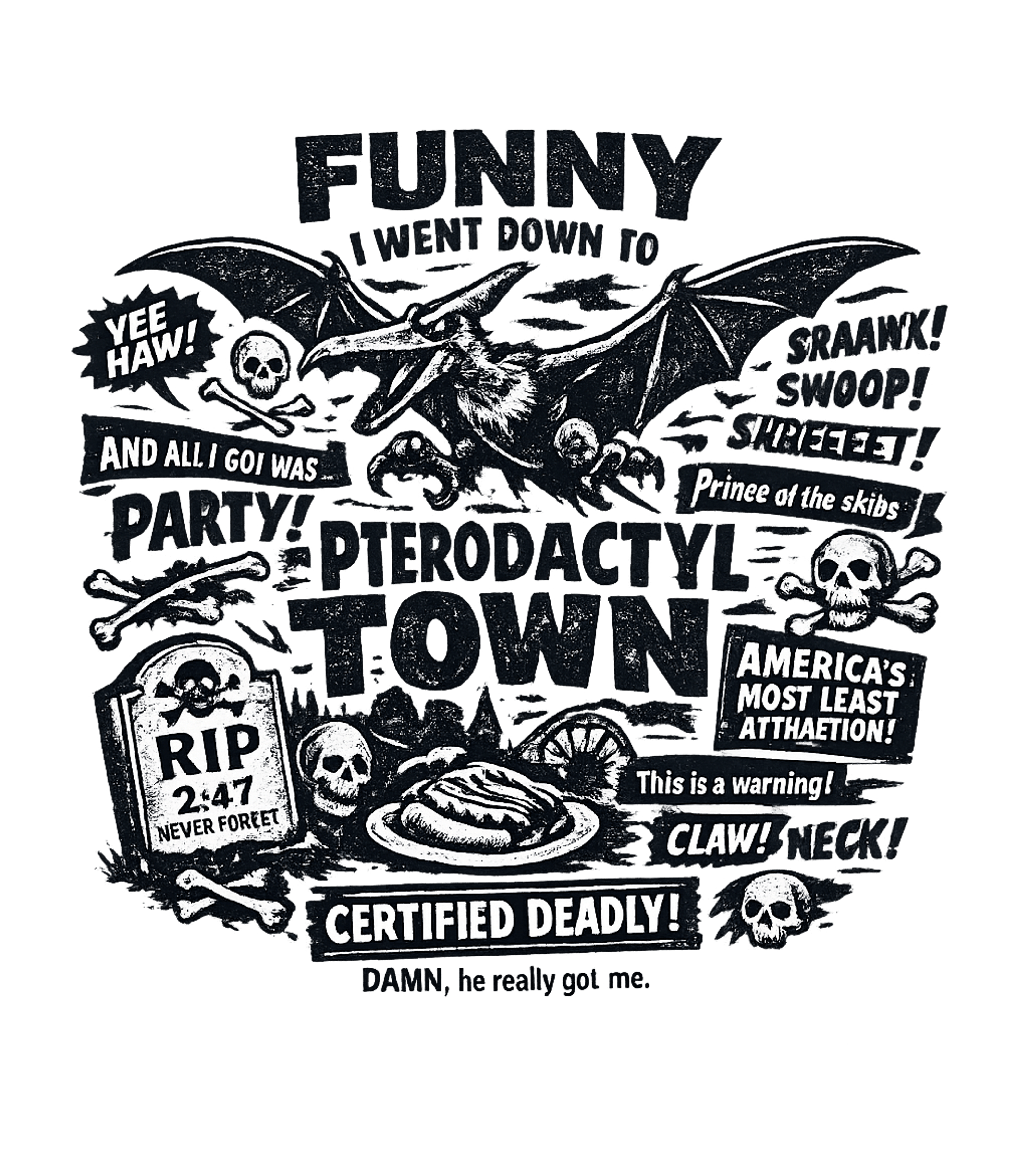 Pterodactyl Town Party Sarcasm Premium T-Shirt featuring This gritty, monochrome design humorously depicts a chaotic – designed by Geoff Brown @ SunFrog Pterodactyl Town Party Sarcasm Premium T-Shirt featuring This gritty, monochrome design humorously depicts a chaotic – designed by Geoff Brown @ SunFrog
