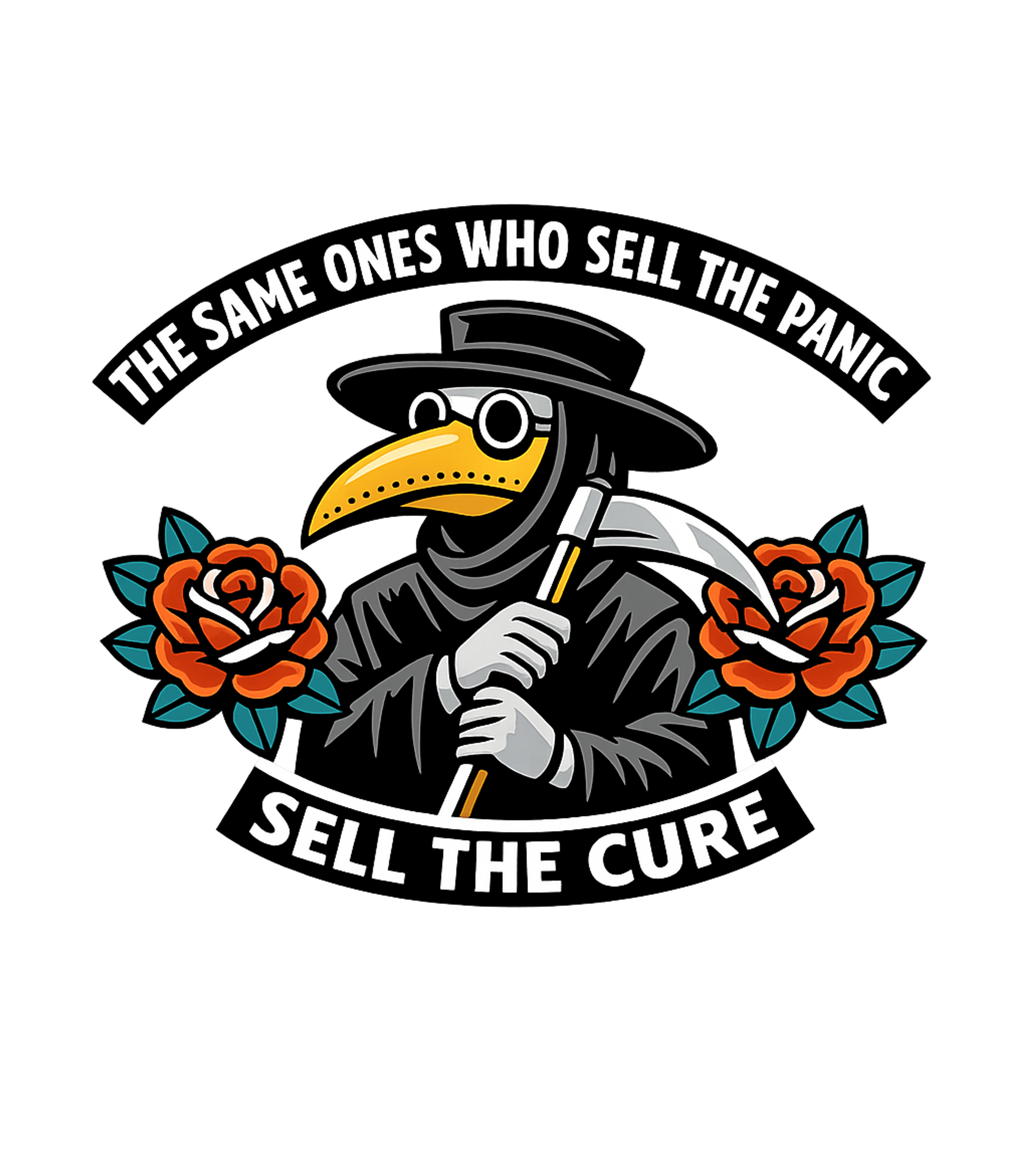Sell Panic Sell Cure Sarcasm Premium T-Shirt featuring This bold graphic features a stylized plague doctor holding – designed by Geoff Brown @ SunFrog Sell Panic Sell Cure Sarcasm Premium T-Shirt featuring This bold graphic features a stylized plague doctor holding – designed by Geoff Brown @ SunFrog