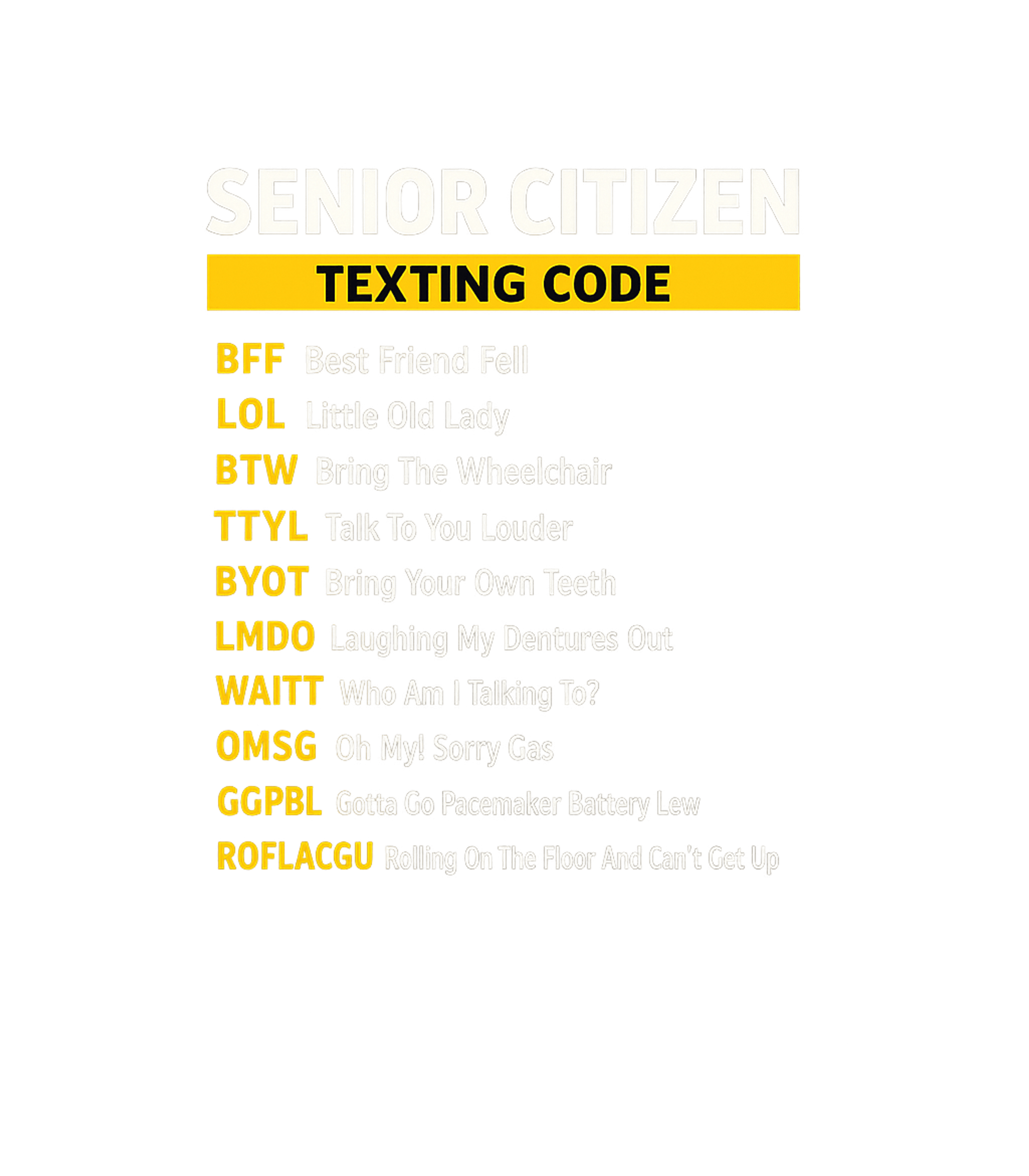 Senior Texting Code Dad Jokes Premium T-Shirt featuring Unravel the hilarious Senior Citizen Texting Code with this – designed by Geoff Brown @ SunFrog Senior Texting Code Dad Jokes Premium T-Shirt featuring Unravel the hilarious Senior Citizen Texting Code with this – designed by Geoff Brown @ SunFrog