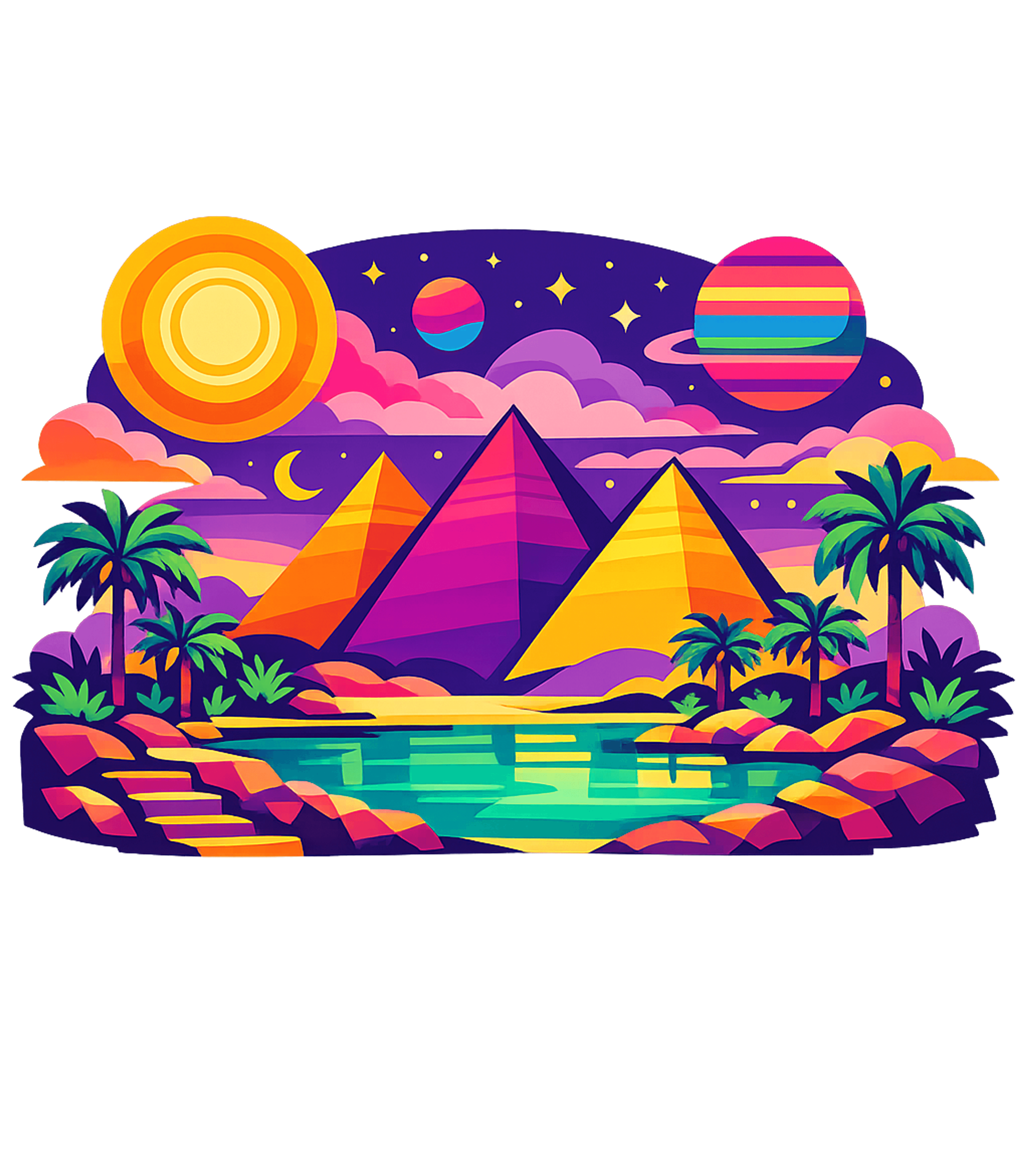 Vibrant Pyramid Landscape Travel Sticker featuring Explore a colorful, retro-futuristic desert scene featuring – designed by Geoff Brown @ SunFrog Vibrant Pyramid Landscape Travel Sticker featuring Explore a colorful, retro-futuristic desert scene featuring – designed by Geoff Brown @ SunFrog
